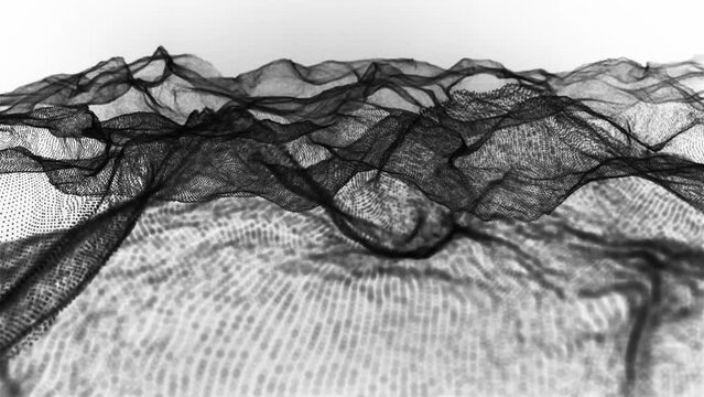 Cybernetic Waves: Technological Black Particles in Motion. Abstract Dynamic Animation on White Background. 4K
