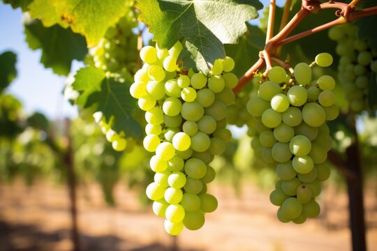 A cluster of ripe green grapes hanging from a vine in a wineyard created with Generative AI technology