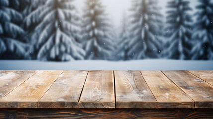 Pine wooden surface with pine tree and snow background for display product chrismas theme