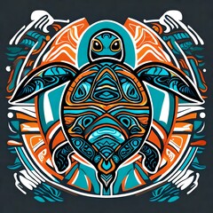 A colorful sea turtle illustration done in native american style art suitable for a t-shirt design.