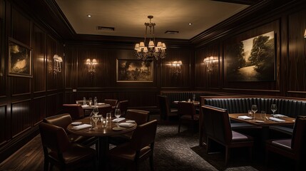 Upscale Steakhouse with Dark Wood Paneling and Elegant