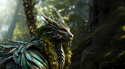 Green dragon close-up against a nature background.