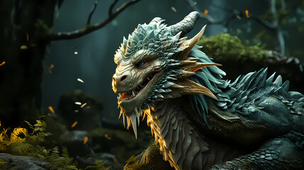 Green dragon close-up against a nature background.