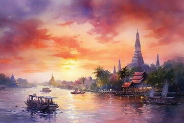 Watercolor painting of twilight landscape of Chao Phraya River in Bangkok. Generative AI - obrazy, fototapety, plakaty