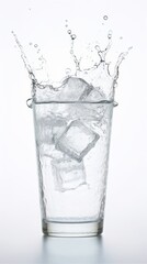 A glass of ice placed on a white background. The texture of the moment when the droplets of ice are dropped, Generative AI