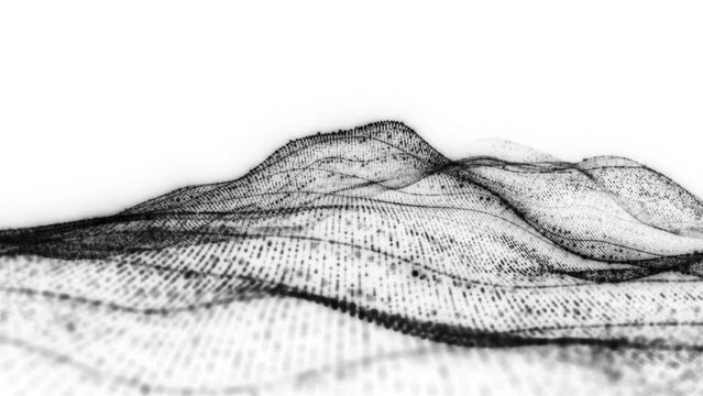 Black Particles in Abstract Wave Motion. Futuristic Technological Waves. Dynamic Animation. White Background. 4K
