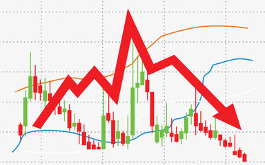 the red arrow graph going down shows the economic stock exchange trading price dropping sharply	