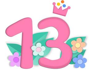 Number 13 pink with crown and flower illustration