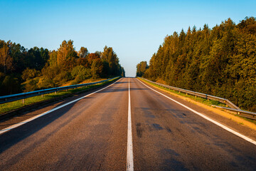 Fototapeta premium Empty road in the middle of the autumn forest. Beautiful trees,roadway,trees with green foliage and overcast sky.Landscape with empty asphalt road through woods in autumn.Travel concept.