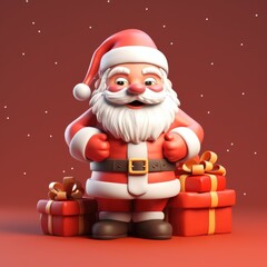 cute 3d santa claus with christmas gift on red background merry christmas 3d ,ai generated