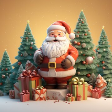 3d Christmas banner of santa claus with christmas tree and gift 3d illustration,ai generated