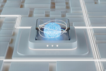 Digital brain sitting on a computer chip with internet connection and neural network training. AI Artificial Intelligence and quantum computing concept.