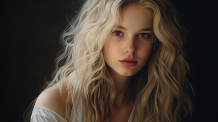 Casual portrait of a young female fashion model with a clean complexion and long blond hair. Skin care.