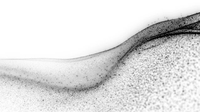 Pulsating Particles: Techno Wave in Abstract Motion on White. Black Particles Technological Waves. Dynamic Futuristic Composition. White Background. 4K