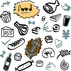 Ensemble de gribouillis - Nourriture, Alimentation, Plaisir, Devise, Argent, Éléments et objets Bouteille Noir et Beige, Vin, pâtisseries, Fromage, Jambon, Tarte, Boisson, Dollar, Euro, Yen, Bulles