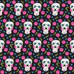 Skulls of the dead day. Mexican sugar man head halloween tattoo to honor death. Seamless pattern.