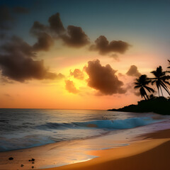 Fototapeta na wymiar Amazing beach sunset with endless horizon and incredible foamy waves over wet sand. Digital illustration. Amazing CG Artwork Background