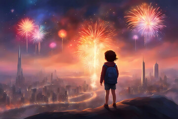 Fototapeta premium Anime art of a child looking at the fireworks over the skyline of a metropolitan city.
