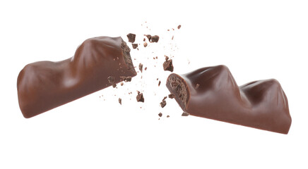 Broken chocolate bar in air on white background