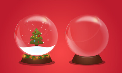 Glass snow globe with snowflakes. Clear 3D vector snowglobe templates