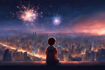 Anime art of a boy looking at the fireworks over the skyline of a metropolitan city. - obrazy, fototapety, plakaty