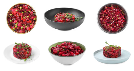 Tasty vinaigrette salads isolated on white, collage design