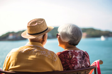 An elderly couple of Asian appearance on the deck of a ship or liner against the backdrop of the sea. Happy and smiling people. Travel on a sea liner. Love and romance of older people.