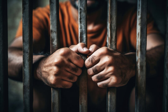 The male prisoner grabbed the prison bars with his hands. The pain and suffering of the prisoner. The inevitability of a judicial verdict. Hopelessness. The punishment of the criminal.
