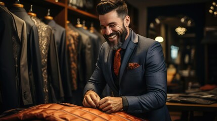 cheerful tailor helping a client with a suit fitting