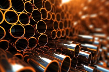 Concept of metallurgy industry with multiple stacked steel pipes in a 3D rendered illustration. Generative AI - obrazy, fototapety, plakaty