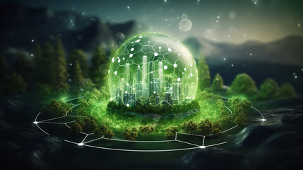 An open circular green dome full of electrical grid