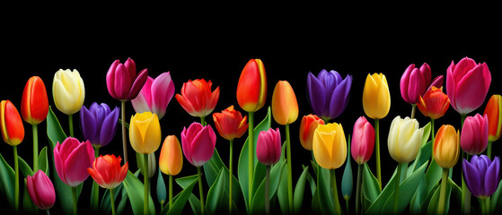 Fototapeta premium Tulips in a row on a dark background. Generative artificial intelligence