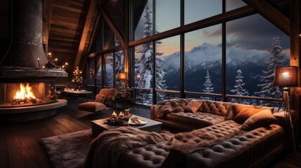 cozy peacful warm living room with snow outside the windows
