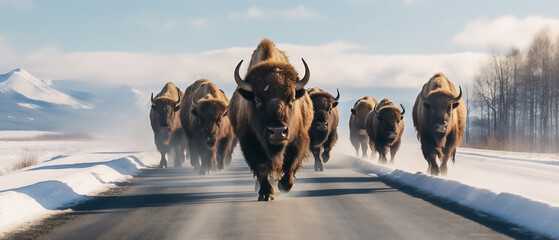Close-up of a herd of bison on the road in winter.