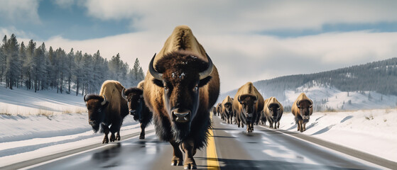 Close-up of a herd of bison on the road in winter. - obrazy, fototapety, plakaty