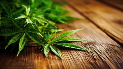 cannabis leaf  on wooden background - obrazy, fototapety, plakaty