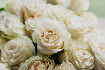 Flower composition of light beige roses, close up.
