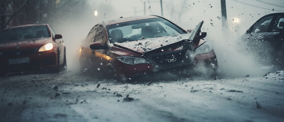 Car in the snow. Road accident. Car collision on a snow-covered road. Generative AI