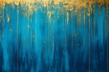Golden paint smudges on blue wooden background - obrazy, fototapety, plakaty