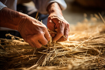 Old man's hands are weaving bamboo or weaving straw close-up - obrazy, fototapety, plakaty