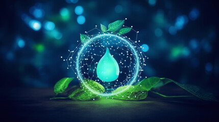Energy and water concept in flat rendering with green leaf outlines - obrazy, fototapety, plakaty