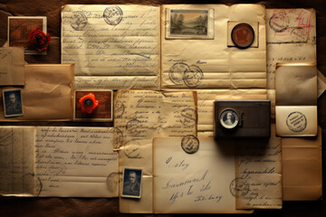 A collage of handwritten letters, emphasizing the power of written communication during isolation. Generative Ai.