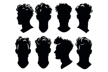 Men's hairstyle, black silhouette, head with curls, fashionable haircut on a transparent background stencil, vector set