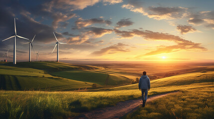 A person walking along wind turbines in the countryside