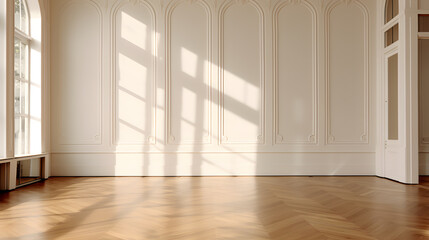 Fototapeta premium 3d render of a living room with a large window, sun light and a wooden floor