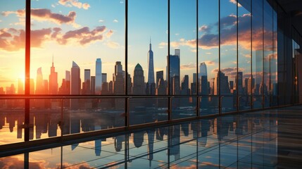 reflections of sunset on glass skyscrapers