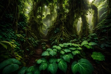 Produce an image that captures the intricate web of vines and creepers in the rainforest