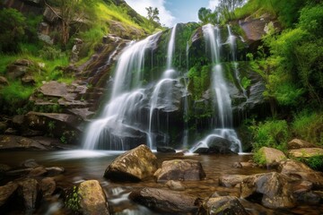 Fototapeta na wymiar Breathtaking scenery showcasing a cascading waterfall. Generative AI