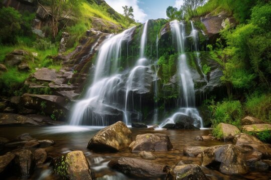 Breathtaking scenery showcasing a cascading waterfall. Generative AI