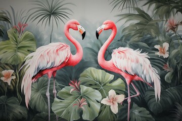 Grey wallpaper featuring banana palms, flamingos, tropical flora, and fauna. Generative AI